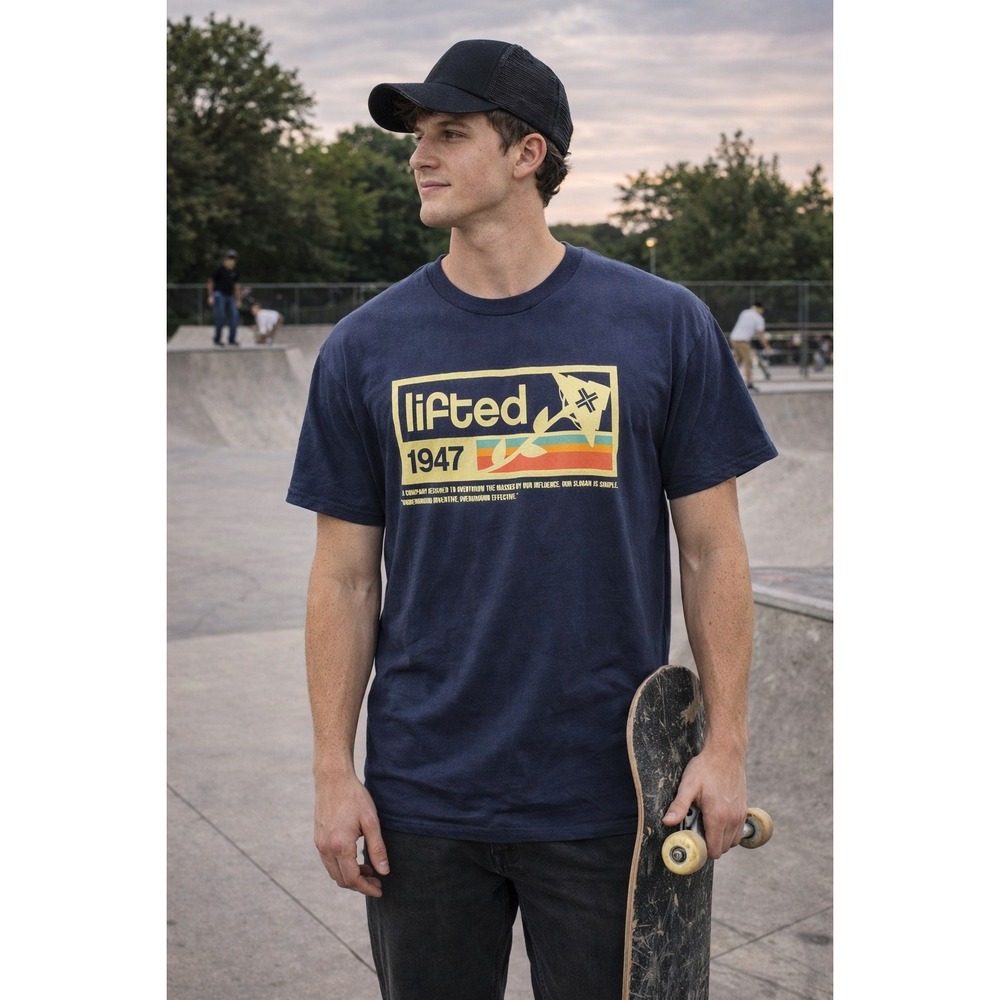 LRG Lifted 1947 Graphic T-Shirt Mens XL Extra Large Navy Blue Skateboarding‎